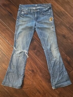7 For All Mankind Blue Distressed Flare Jeans